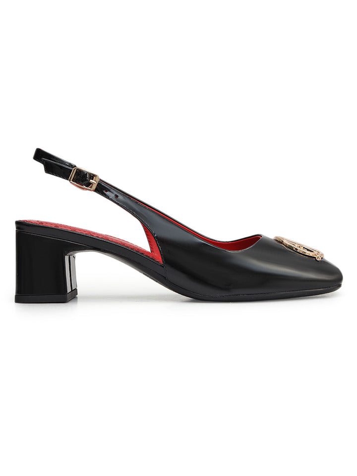 Black Logo Detail Block Heels