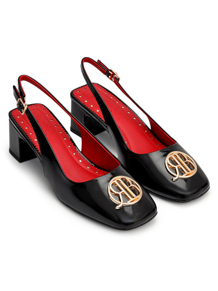 Black Logo Detail Block Heels