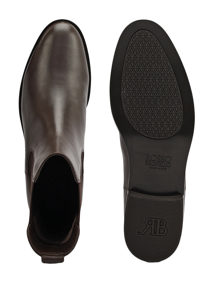 Brown Plain Leather Ankle Length Boots