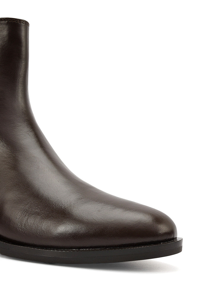 Brown Plain Leather Ankle Length Boots