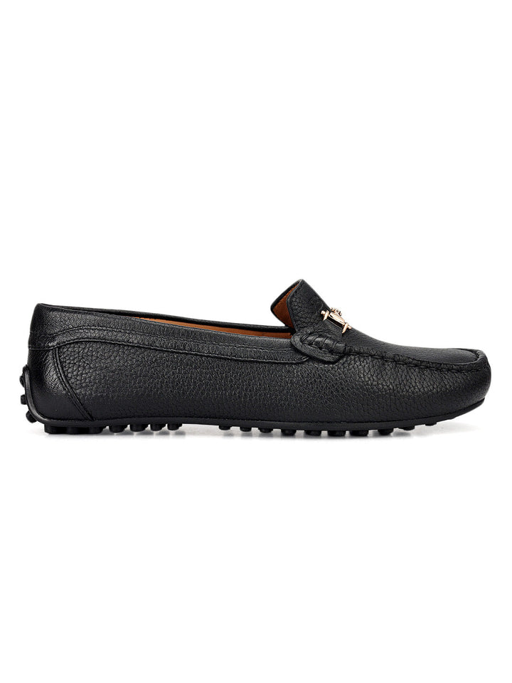 Black Leather Women Moccasins With Trim