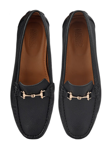 Black Leather Women Moccasins With Trim