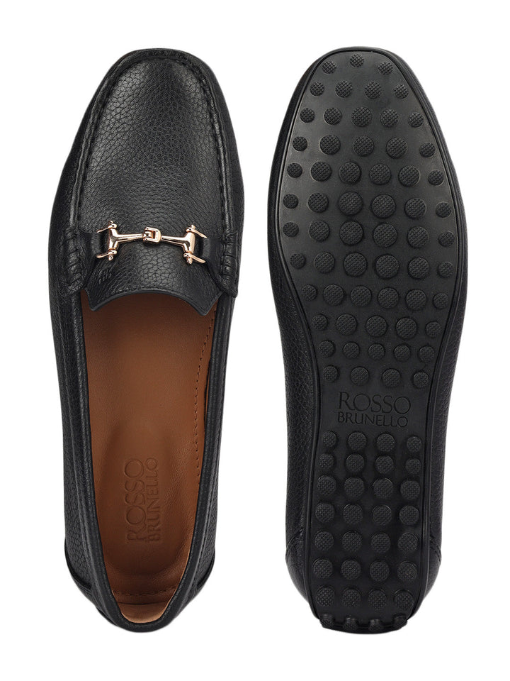 Black Leather Women Moccasins With Trim