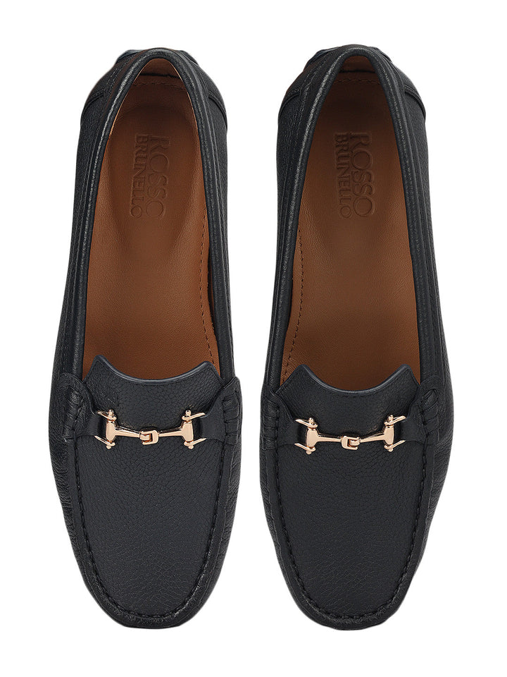 Blue Leather Women Moccasins With Trim