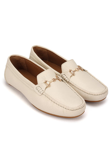 White Leather Women Moccasins With Trim