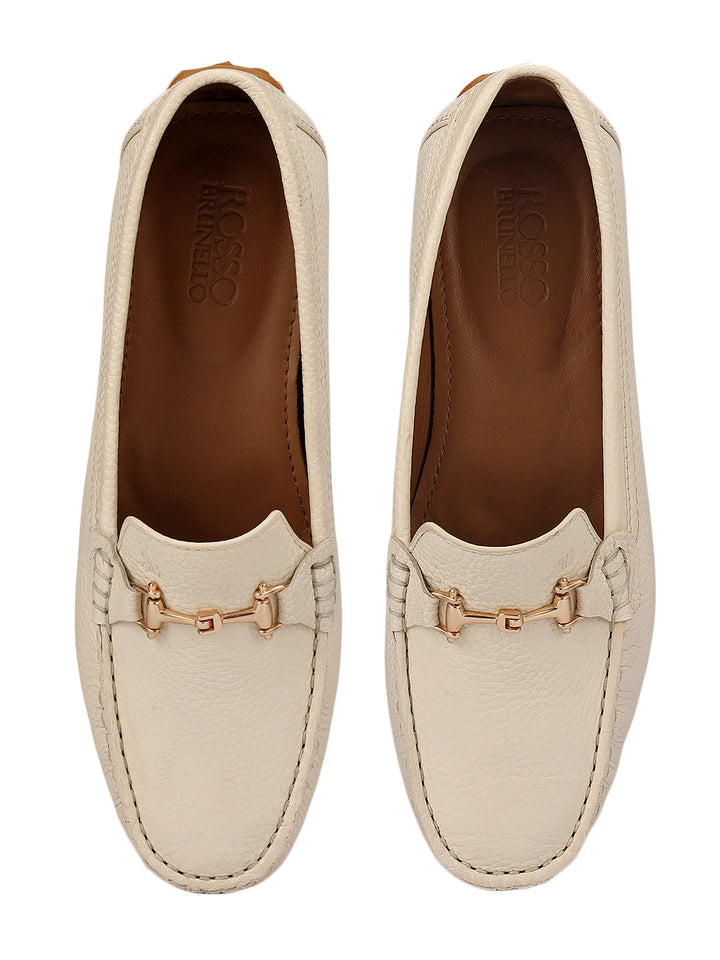 White Leather Women Moccasins With Trim