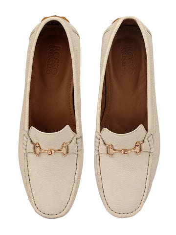 White Leather Women Moccasins With Trim