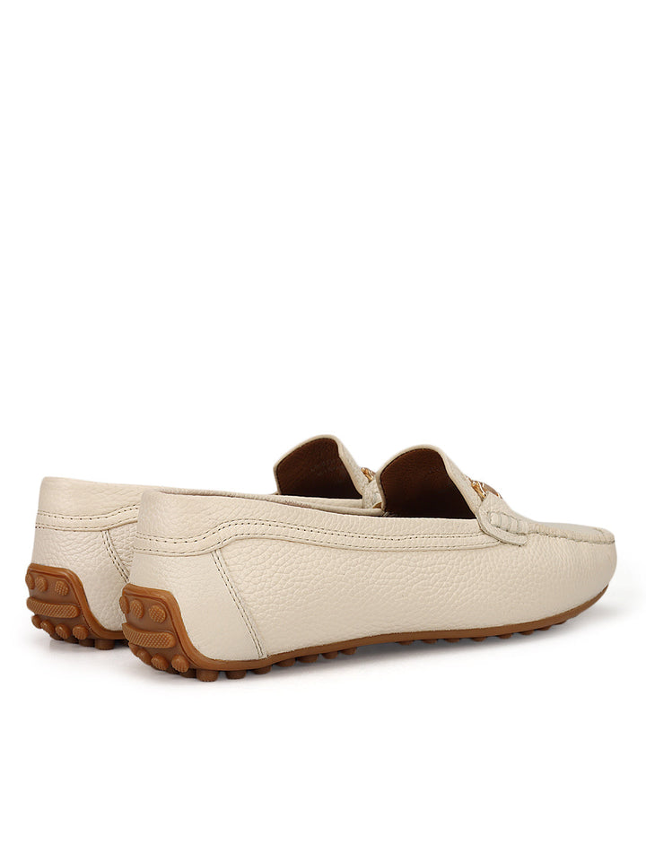White Leather Women Moccasins With Trim