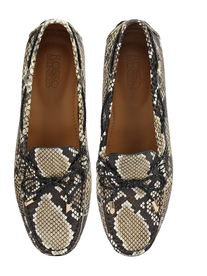 Beige Women Leather Moccasins With Bow Detail