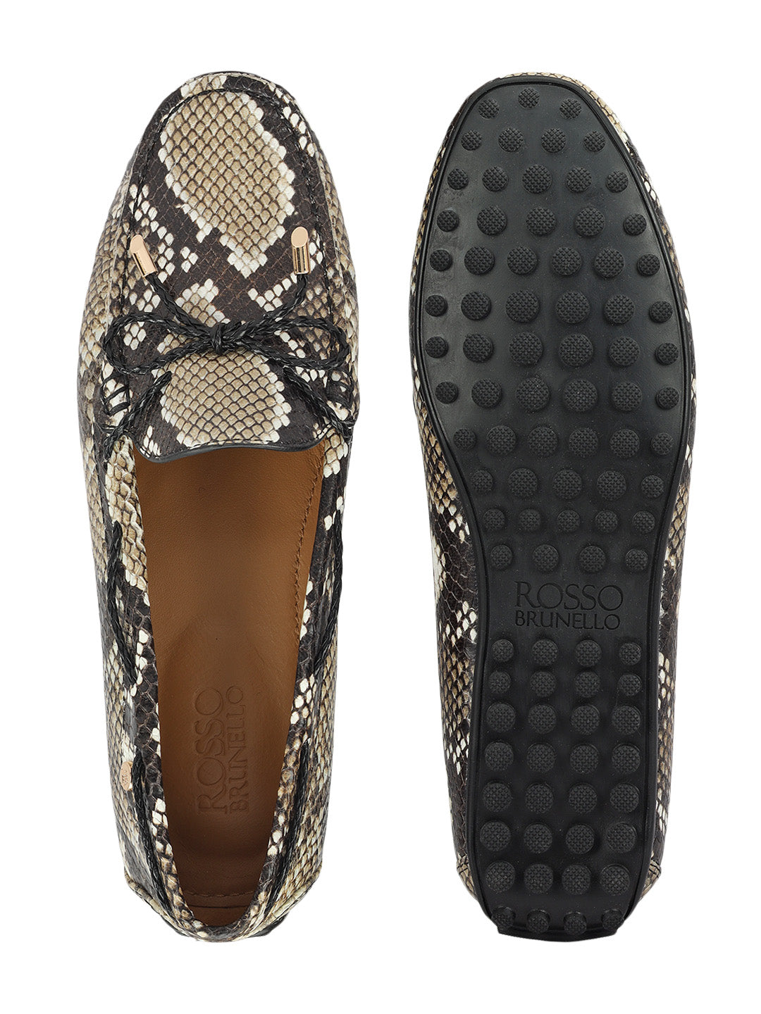 Beige Women Leather Moccasins With Bow Detail