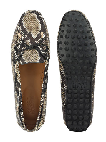 Beige Women Leather Moccasins With Bow Detail