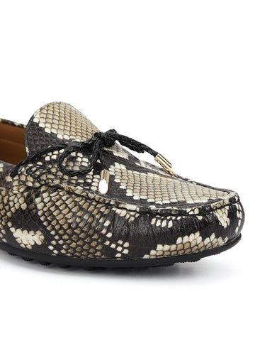 Beige Women Leather Moccasins With Bow Detail