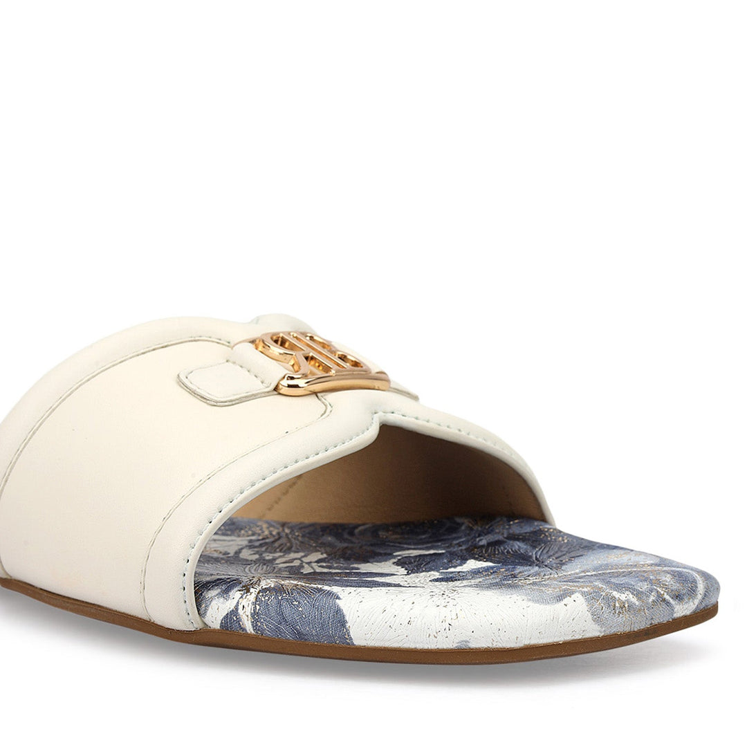 White Logo Buckle Flats