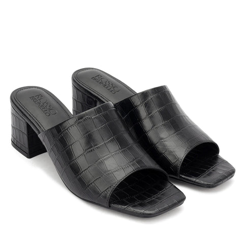 Black Croco Textured Block Heels