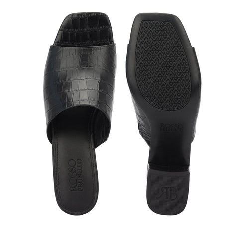 Black Croco Textured Block Heels