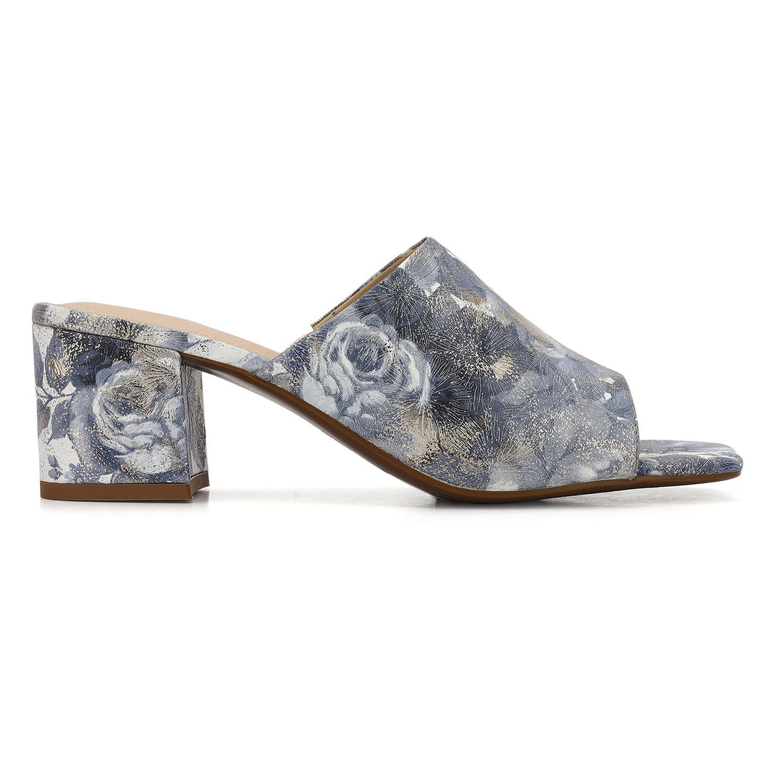 Blue Floral Print Leather Block Heels