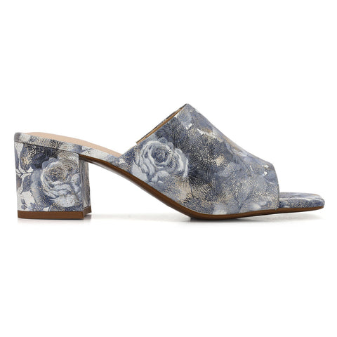 Blue Floral Print Leather Block Heels