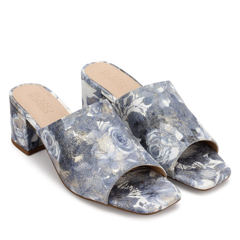 Blue Floral Print Leather Block Heels