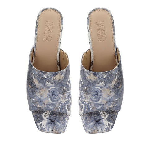 Blue Floral Print Leather Block Heels