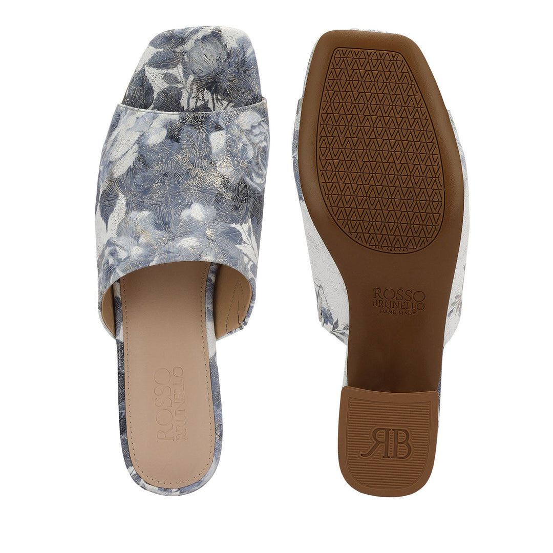 Blue Floral Print Leather Block Heels