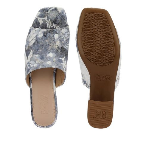 Blue Floral Print Leather Block Heels
