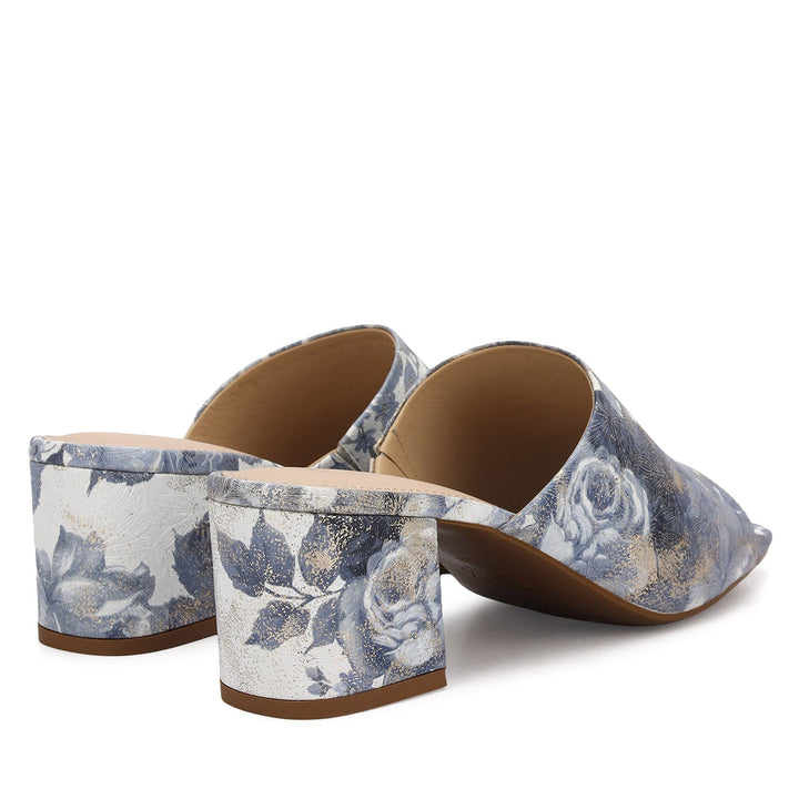 Blue Floral Print Leather Block Heels