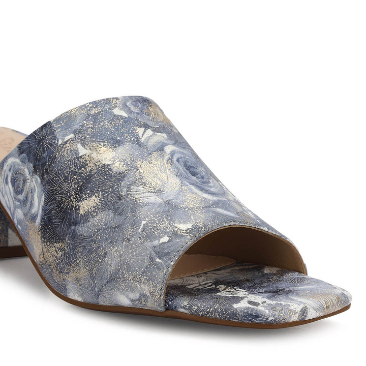 Blue Floral Print Leather Block Heels
