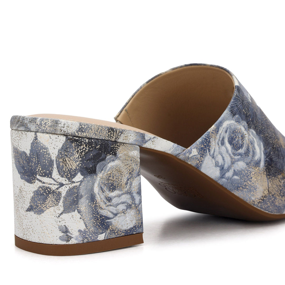 Blue Floral Print Leather Block Heels