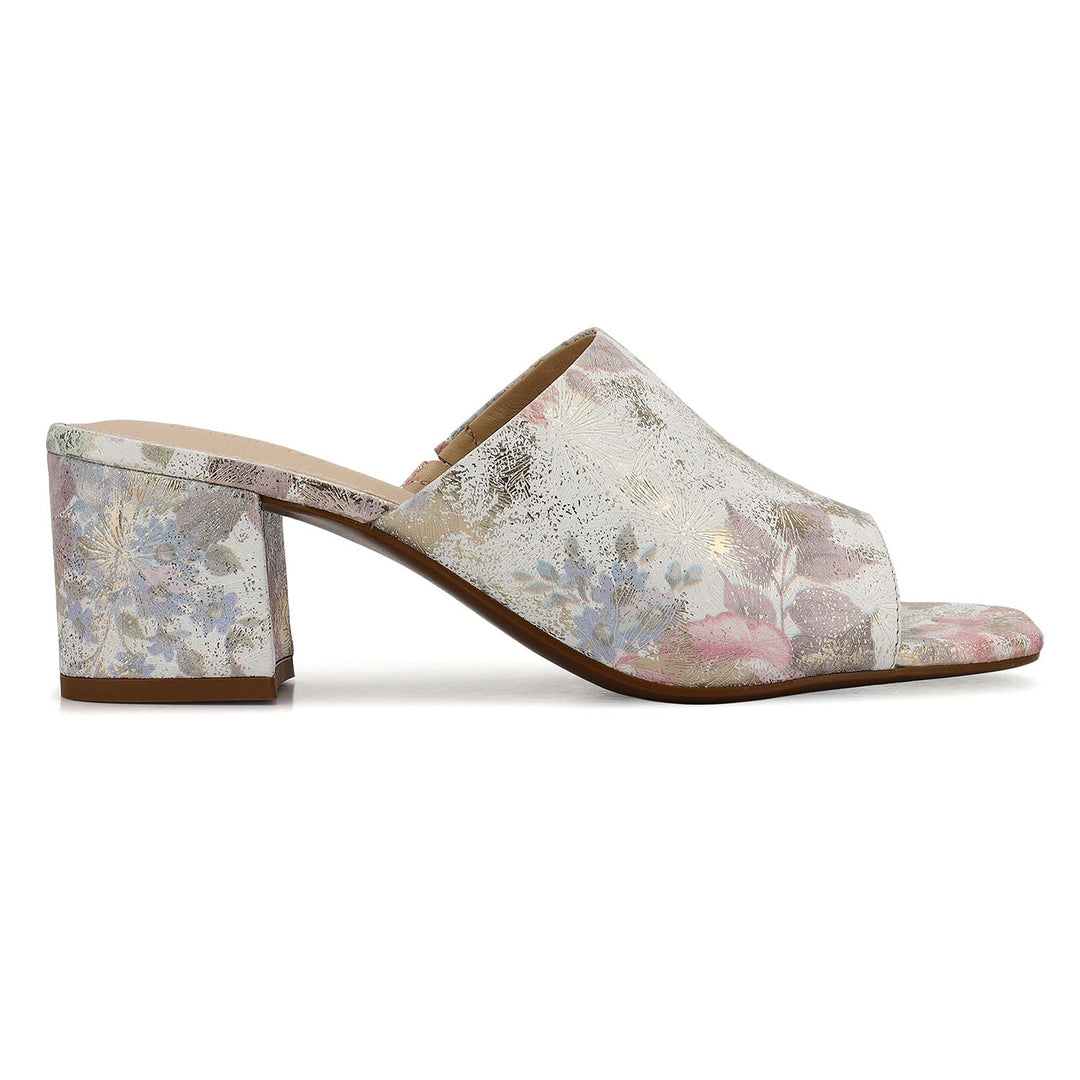 Pink Floral Print Leather Block Heels