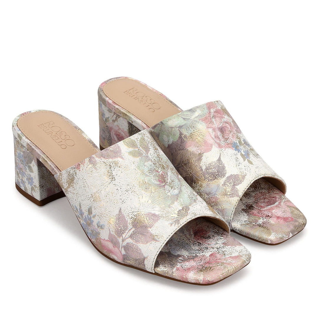 Pink Floral Print Leather Block Heels