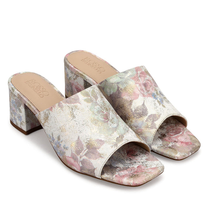 Pink Floral Print Leather Block Heels
