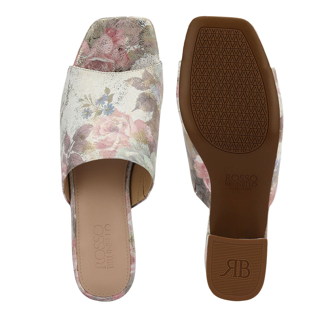 Pink Floral Print Leather Block Heels