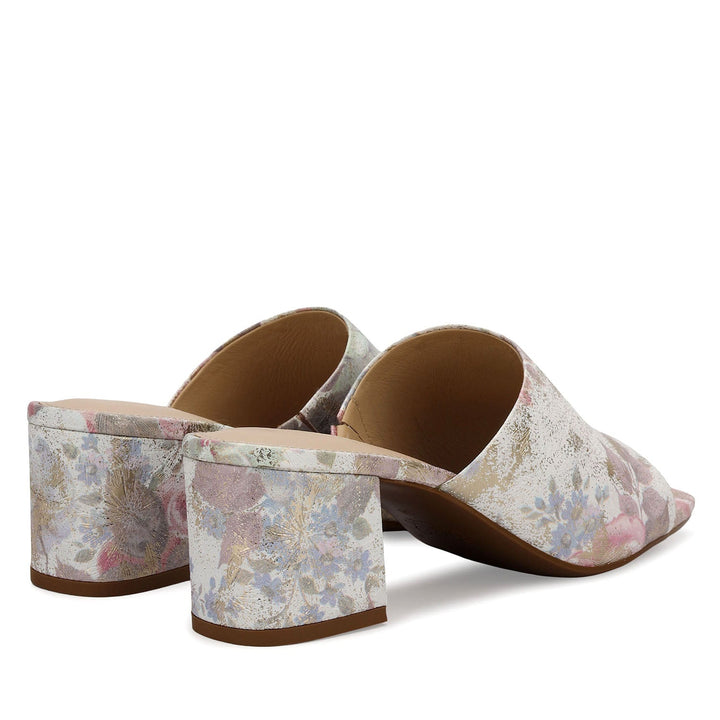 Pink Floral Print Leather Block Heels