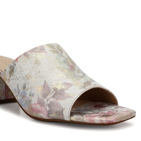 Pink Floral Print Leather Block Heels