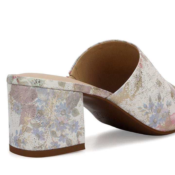 Pink Floral Print Leather Block Heels