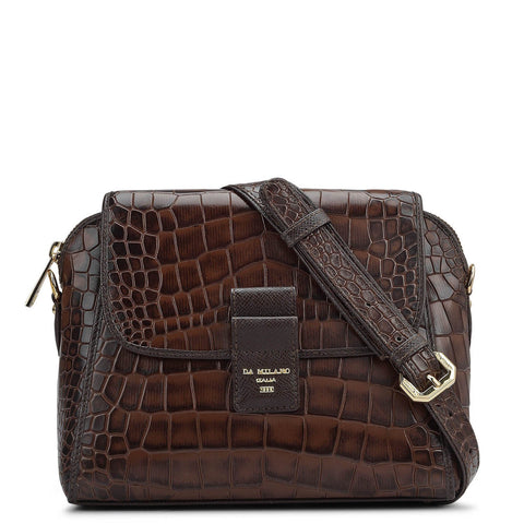 Small Croco Leather Sling Bag - Brown