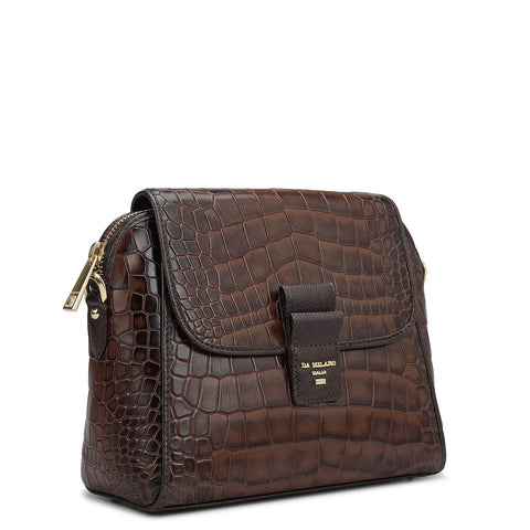 Small Croco Leather Sling Bag - Brown