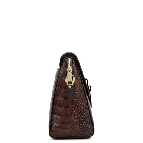 Small Croco Leather Sling Bag - Brown