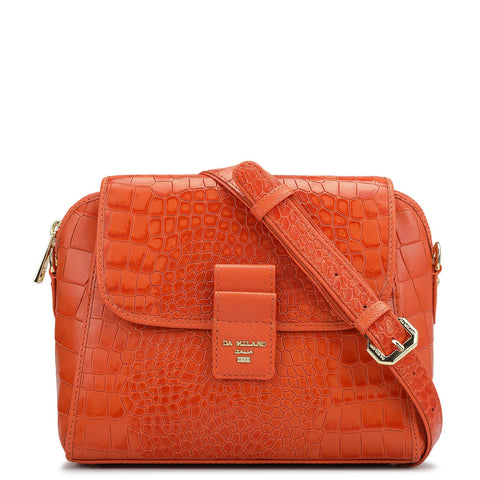 Small Croco Leather Sling Bag - Pumpkin