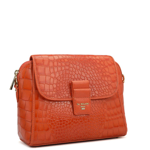 Small Croco Leather Sling Bag - Pumpkin