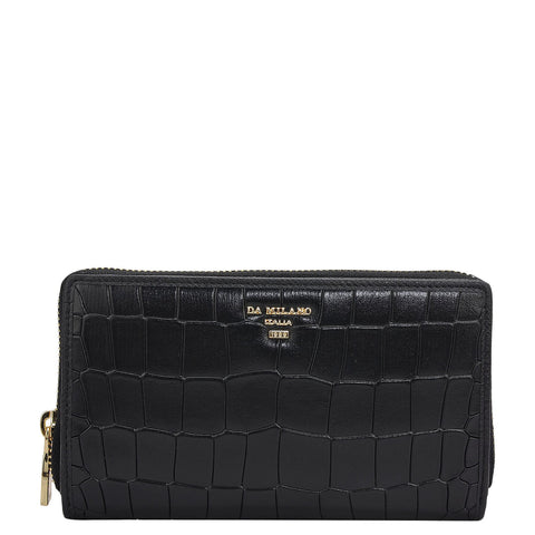 Da Milano Women's Leather Wallet - Croco Leather Ladies Wallet - Black