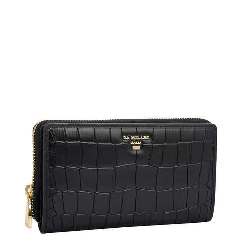 Da Milano Women's Leather Wallet - Croco Leather Ladies Wallet - Black