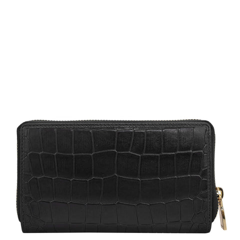 Da Milano Women's Leather Wallet - Croco Leather Ladies Wallet - Black