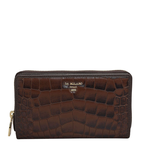 Da Milano Women's Leather Wallet - Croco Leather Ladies Wallet - Brown