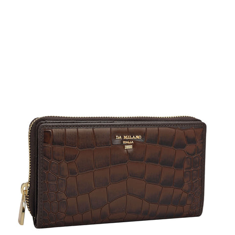 Da Milano Women's Leather Wallet - Croco Leather Ladies Wallet - Brown