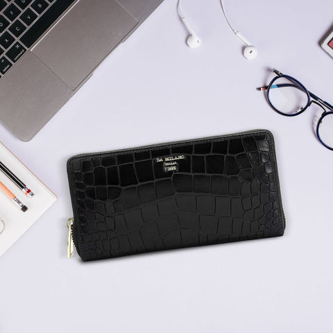 Da Milano Women's Leather Wallet - Croco Leather Ladies Wallet - Black