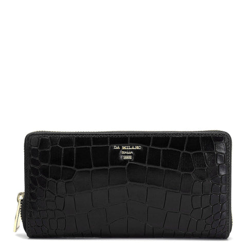 Da Milano Women's Leather Wallet - Croco Leather Ladies Wallet - Black