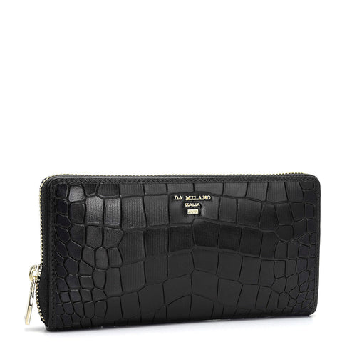 Da Milano Women's Leather Wallet - Croco Leather Ladies Wallet - Black