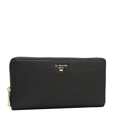 Da Milano Women's Leather Wallet - Wax Leather Ladies Wallet - Black