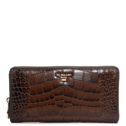 Da Milano Women's Leather Wallet - Croco Leather Ladies Wallet - Brown